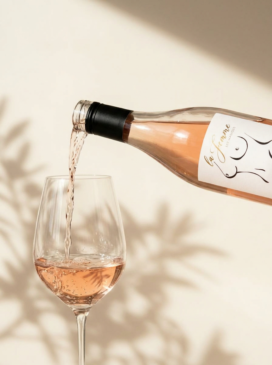 La Femme est Magique rosé being poured into a stemmed glass